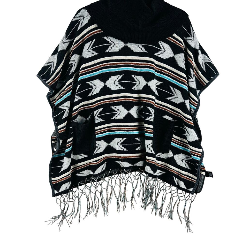 Double Zero Womens Poncho Sweater S Black Aztec Fringe Turtleneck Pockets